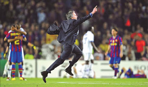 José Mourinho crazy celebrations in the Camp Nou, after Inter Milan beats Barcelona in the UEFA Champions League semi-finals, in 2010