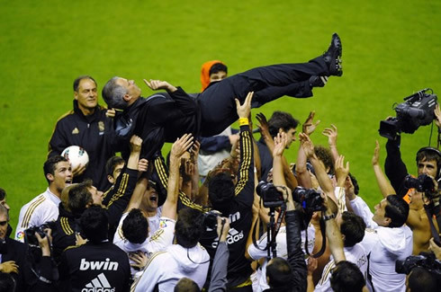 José Mourinho in the air, after winning La Liga title in 2012