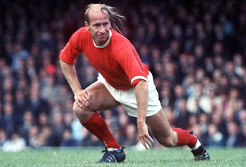 Bobby Charlton funny hairstyle, half bald, during a Manchester United game