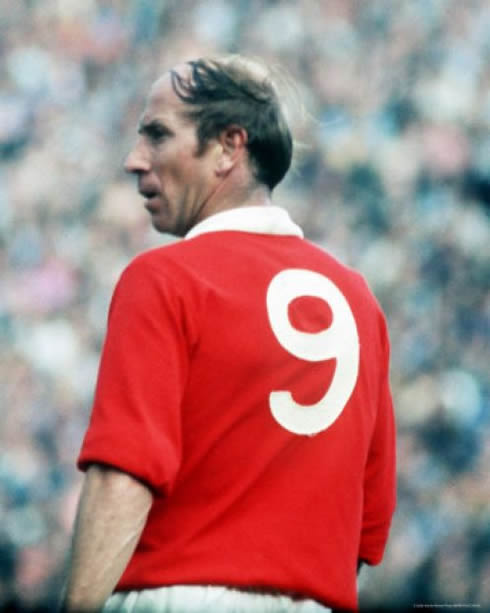 Bobby Charlton wearing Manchester United number 9 jersey, shirt and uniform