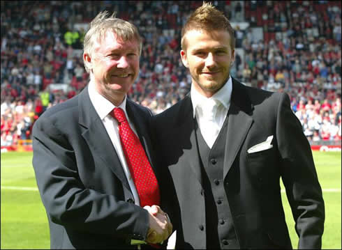 David Beckham and Sir Alex Ferguson, at the Old Trafford