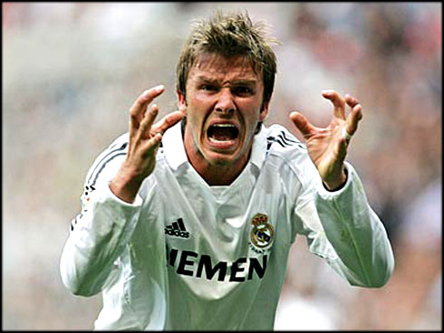 David Beckham anger and rage face, in a game for Real Madrid