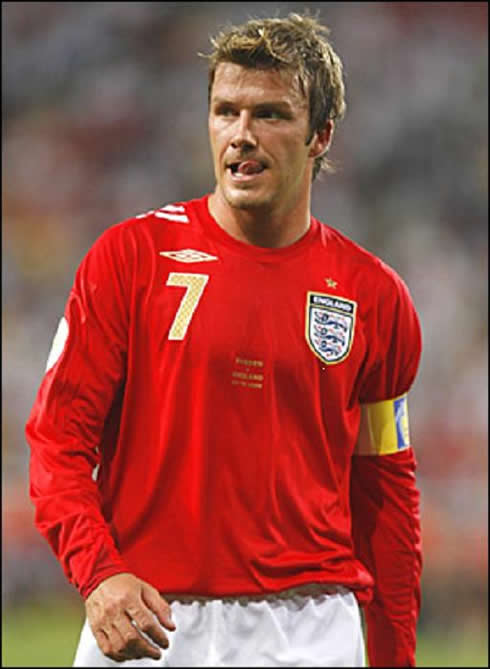 David Beckham, captain for England, wearing the Red English Lions jersey