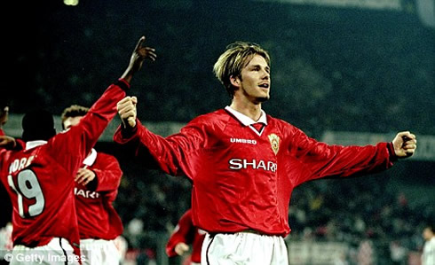 David Beckham goal for Manchester United, when Sharp still sponsored the Red Devils jersey in the 90's