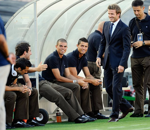 David Beckham greeting old teammates and friends from Real Madrid, in the United States