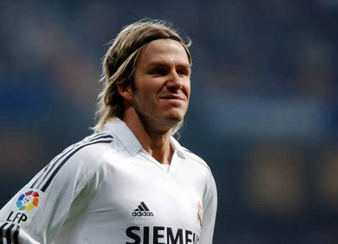 David Beckham in Real Madrid, with his hair pulled back