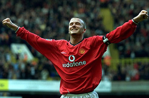 David Beckham joy, celebrating goal for Manchester United