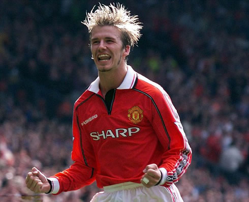 David Beckham, Manchester United goal celebration, with his hair jumping in the air