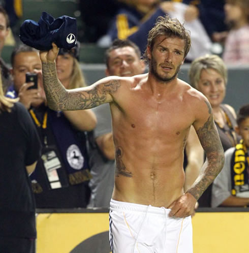 Sexy and hot David Beckham shirtless, after a game for the LA Galaxy, in the United States