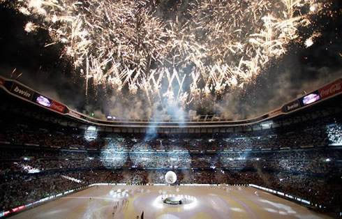 The Santiago Bernabéu fireworks ceremony and party at night, after Real Madrid won La Liga in 2012