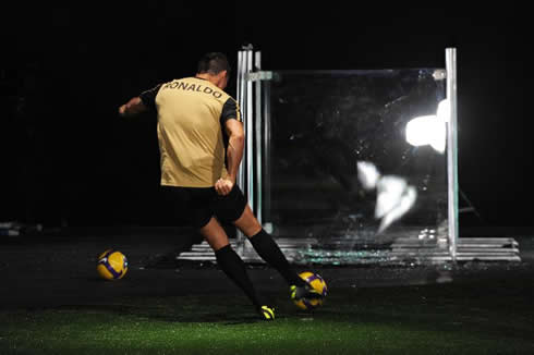 Cristiano Ronaldo shooting a ball and breaking several glasses and windows, in the Tested to the Limit documentary, for Castrol Edge