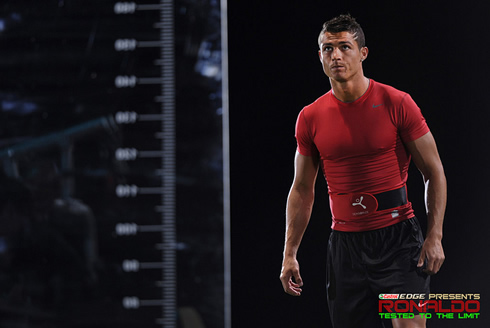 Cristiano Ronaldo wearing a tight red t-shirt, during the shootout of Castrol Edge - Tested to the Limit documentary