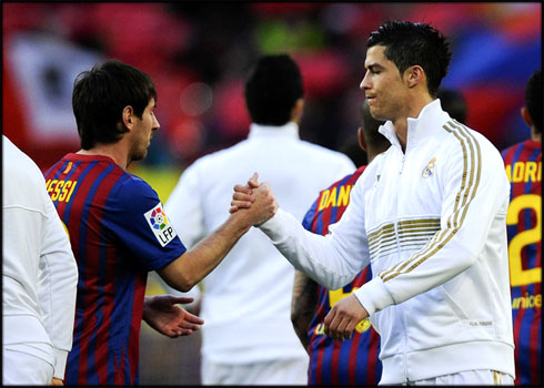 Barcelona vs Real Madrid, with Lionel Messi greeting Cristiano Ronaldo in 2012