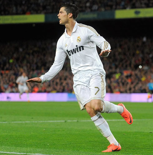 Cristiano Ronaldo epic celebration in the Camp Nou, telling the fans in the Crowd to be quiet and calm, after scoring Real Madrid winning goal against Barcelona, in 2012