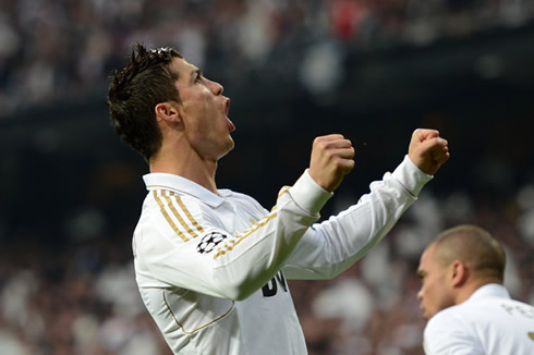 Cristiano Ronaldo impetus when celebrating a Real Madrid goal with the fans in the crowd, in 2012