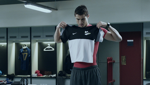Cristiano Ronaldo in the new Nike commercial ad, trying to wear a small jersey