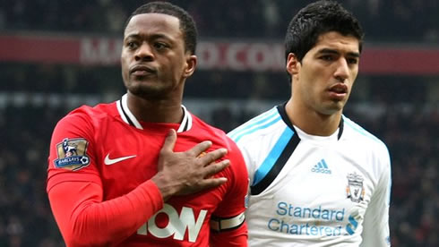 Patrice Evra provocking and teasing Luis Suárez, at the end of Manchester United vs Liverpool, in 2011-2012