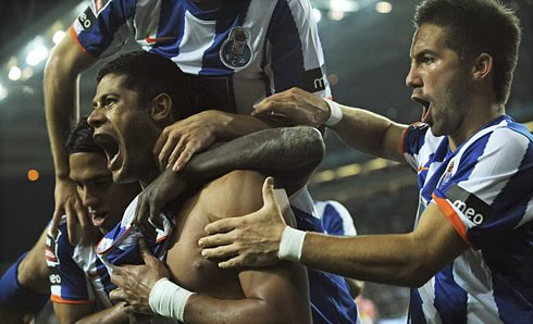 Radamel Falcao celebrating goal with FC Porto players, Hulk and João Moutinho