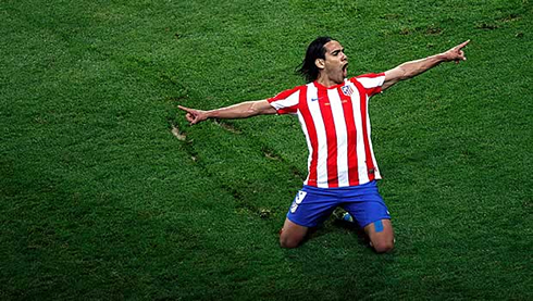 Radamel Falcao goal celebration, sliding on his knees, for Atletico Madrid in 2012