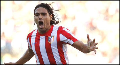 Radamel Falcao joy and happiness, after scoring a goal for Atletico Madrid, in 2012