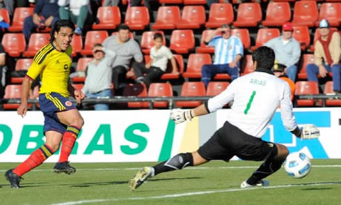 Radamel Falcao scoring a goal for Colombia in 2012