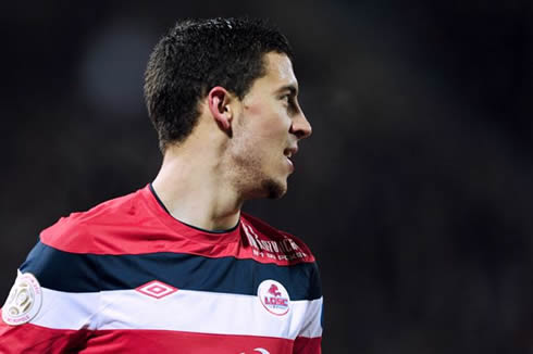 Eden Hazard in a Lille jersey, with red, black and white stripes