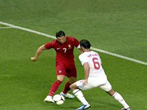 Cristiano Ronaldo elastico dribble and nutmeg to Hamit Alintop, in Portugal vs Turkey, before the EURO 2012 tournament