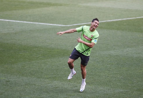 Cristiano Ronaldo happy at Portugal training, before the EURO 2012