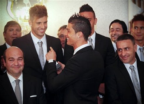 Cristiano Ronaldo playing/kidding with Miguel Veloso, in a ceremony before the EURO 2012