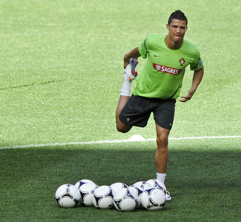 Cristiano Ronaldo stretching his legs before a Portuguese National Team training session, in 2012