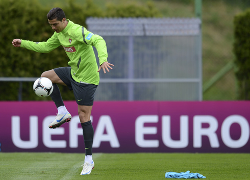 Cristiano Ronaldo controlling a ball, during the Portuguese National Team training in 2012