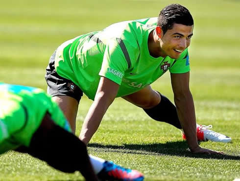 Cristiano Ronaldo stretching his legs, in a Portuguese training for the EURO 2012