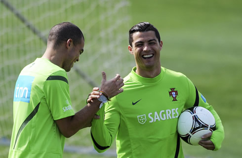Cristiano Ronaldo having a lugh with his teammate and friend, Pepe, in the EURO 2012 preparation