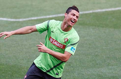 Cristiano Ronaldo laughing in a Portuguese training before the EURO 2012