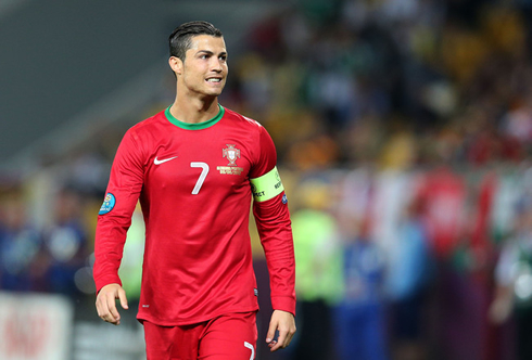 Cristiano Ronaldo smiling in Portugal game, while being the captain in 2012