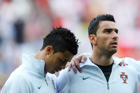 Cristiano Ronaldo and Rui Patrício getting emotional during the Portuguese hymn and national anthem, in the EURO 2012