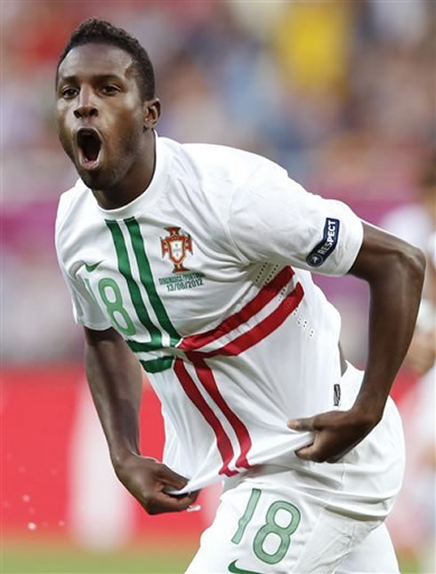 Silvestre Varela celebrating goal for Portugal, in 3-2 victory against Denmark, in the EURO 2012