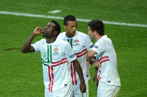 Silvestre Varela, Nani and João Moutinho, celebrating the winning goal for Portugal, in the EURO 2012