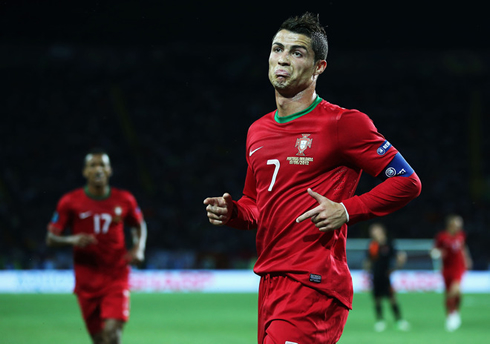 Cristiano Ronaldo making a funny face and reaction, as he celebrates a goal for Portugal, at the EURO 2012