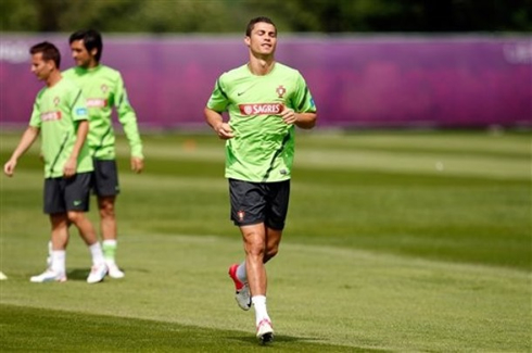 Cristiano Ronaldo running in a practice session for the EURO 2012
