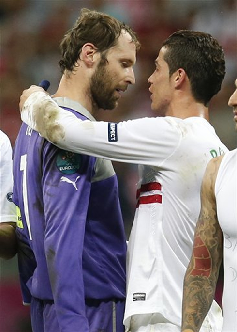 Cristiano Ronaldo saluting and showing his fair-play to Petr Cech, after Portugal defeated the Czech Republic by 1-0, at the EURO 2012