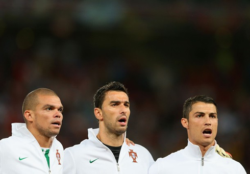 Cristiano Ronaldo, Pepe and Rui Patrício, line up in Portugal vs Spain, at the EURO 2012, and chanting the Portuguese hymn or National Anthem