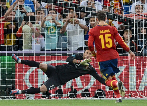 Sergio Ramos scoring a Panenka penalty-kick, in Spain vs Portugal, at the EURO 2012 semi-finals
