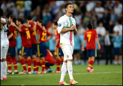 Cristiano Ronaldo in Portugal vs Spain, praying and suffering, just before the penalties shootout start, at the EURO 2012 semi-finals
