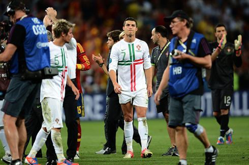 Cristiano Ronaldo walking away from the pitch frustrated, in Portugal vs Spain, at the EURO 2012