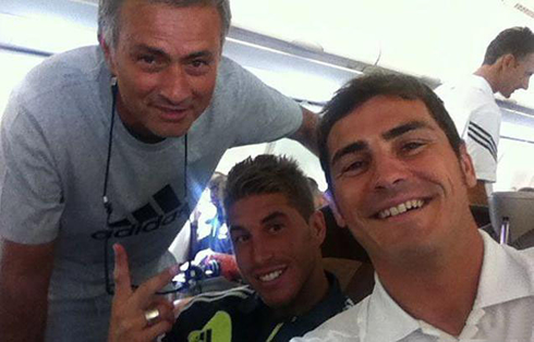 José Mourinho, Sergio Ramos and Iker Casillas photo on the plane, before the United States 2012-2013 pre-season tour