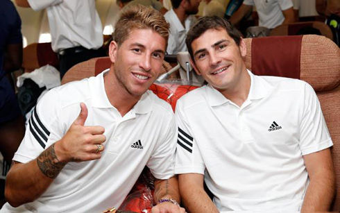 Sergio Ramos and Iker Casillas posing for a photo before the 2012-2013 season