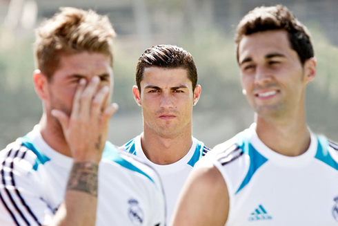 Cristiano Ronaldo, the man in the shadow, with Sergio Ramos and Arbeloa in front