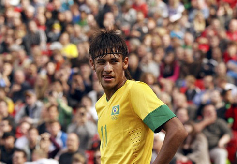 Neymar looking cool and blinking an eye, during a game for Brazil, in 2012