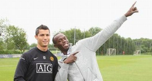 Cristiano Ronaldo and his good friend, Usain Bolt, at the Manchester United training ground, in 2008